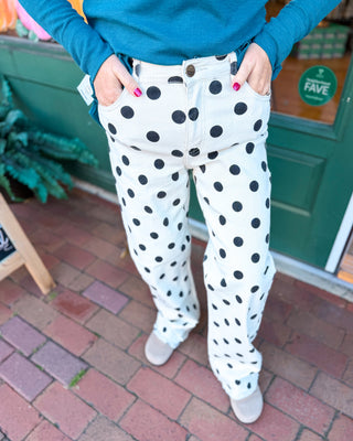 Cafe Polka Dot Wide Leg Jeans with brown polka dots