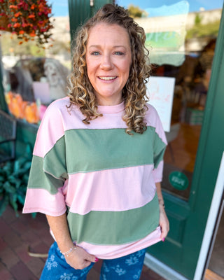 Color Outside the Lines Colorblock Raw Hem Top - pink with green stripes