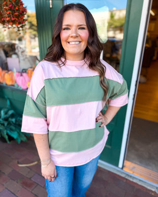 Color Outside the Lines Colorblock Raw Hem Top pink with green stripes
