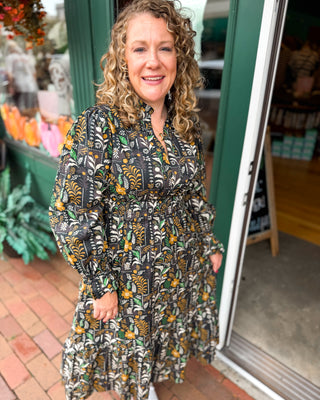 Gathered in Grace Floral Smocked Waist Midi Dress in a black floral mix color