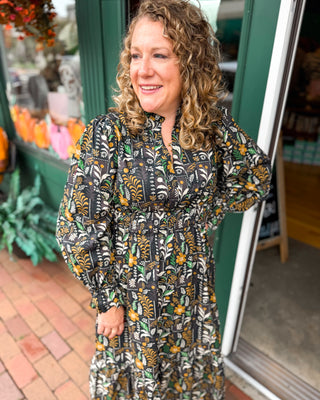 Gathered in Grace Floral Smocked Waist Midi Dress in a black floral mix color