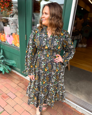 Gathered in Grace Floral Smocked Waist Midi Dress in a black floral mix color