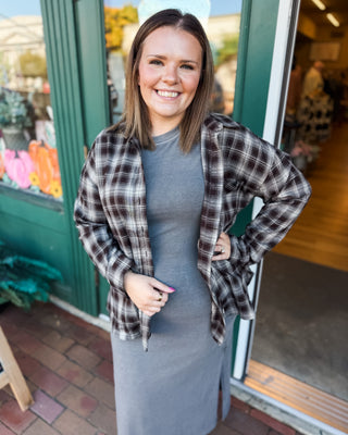 a long sleeve button down plaid layering  shirt in a chocolate brown plaid