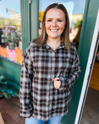 a long sleeve button down plaid layering  shirt in a chocolate brown plaid