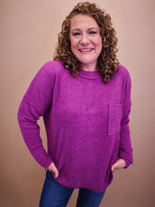 a long sleeve brushed ribbed knit sweater top in light plum