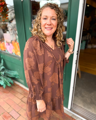 Textured in Blooms Floral V-Neck Babydoll Mini Dress in chocolate brown