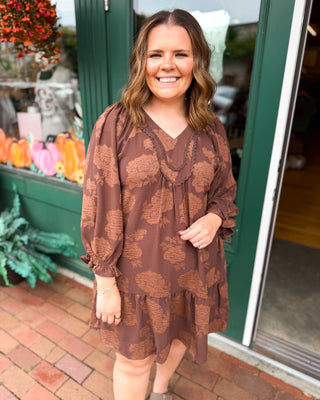 Textured in Blooms Floral V-Neck Babydoll Mini Dress in chocolate brown