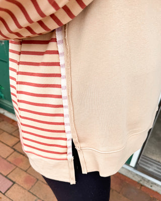 Weekend Well Spent French Terry Raw Trim Striped Pullover in beige