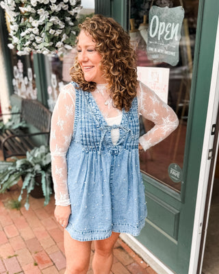 A Pearly Darling Denim V-Neck Pleated Romper - The Southern Loft