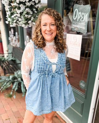 A Pearly Darling Denim V-Neck Pleated Romper - The Southern Loft