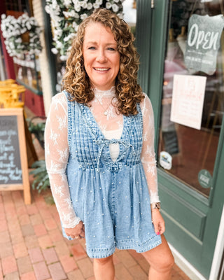 A Pearly Darling Denim V-Neck Pleated Romper - The Southern Loft