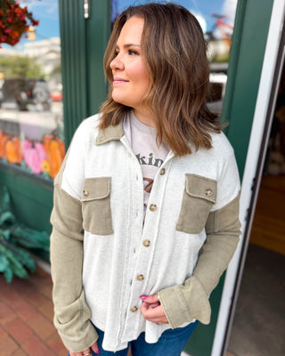 Cider Weather Waffle Colorblock Button Front Shacket - The Southern Loft