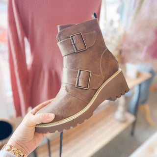 wedge heel booties with side buckles