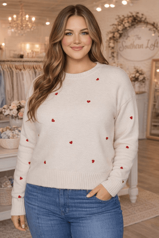 Curvy - Make It Hearts Embroidery Sweater - The Southern Loft