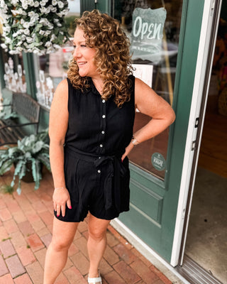 Easy Breezy Sleeveless Cotton Waist Tie Romper - The Southern Loft