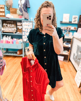 Holly Velvet Pleat Button Down Mini Dress - The Southern Loft