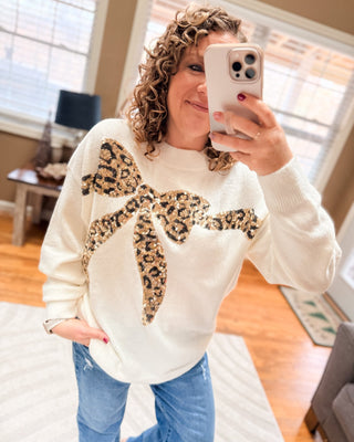 Leopard Print Sequin Bow Sweater - The Southern Loft