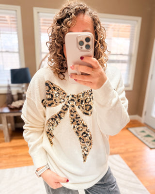 Leopard Print Sequin Bow Sweater - The Southern Loft
