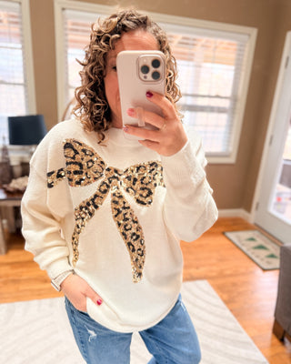 Leopard Print Sequin Bow Sweater - The Southern Loft
