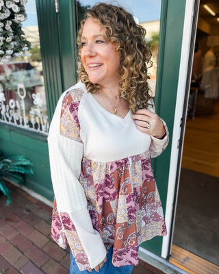 Orchard Oasis Paisley Patch Waffle Knit Top - The Southern Loft