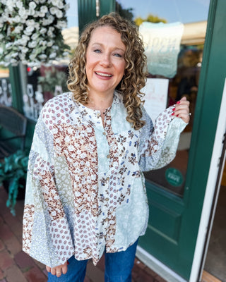 Patchwork & Petals Floral Patchwork Puff Sleeve Top - The Southern Loft