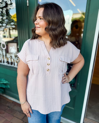 Polished in Pinstripes Half Button Short Sleeve Top - The Southern Loft