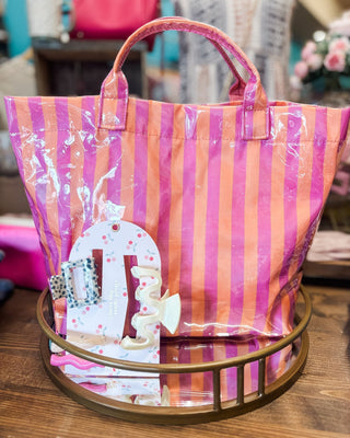 Preppy + Pretty Striped Vinyl Tote Bag - The Southern Loft
