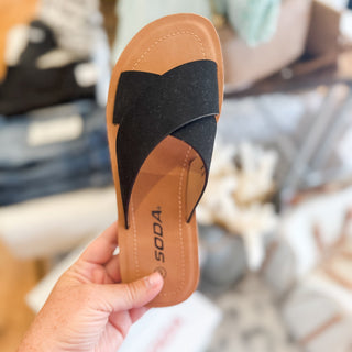 Reflect Faux Leather Black Cross Strap Sandals