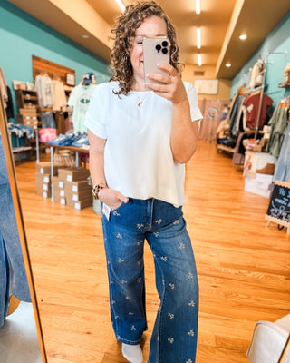 Risen Crop Wide Leg Embroidered Jeans - The Southern Loft