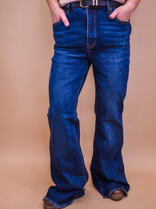 RISEN Frayed Hem Flare Jeans With Belt - The Southern Loft