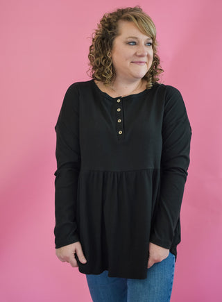 Long sleeve ribbed babydoll top with front buttons