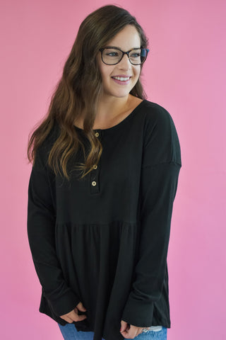 Long sleeve ribbed babydoll top with front buttons