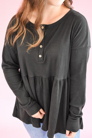 Long sleeve ribbed babydoll top with front buttons