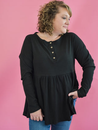 Long sleeve ribbed babydoll top with front buttons