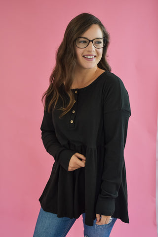 Long sleeve ribbed babydoll top with front buttons