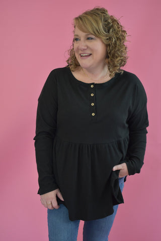 Long sleeve ribbed babydoll top with front buttons