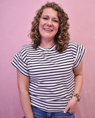 a short double ruffle sleeve striped black and white top