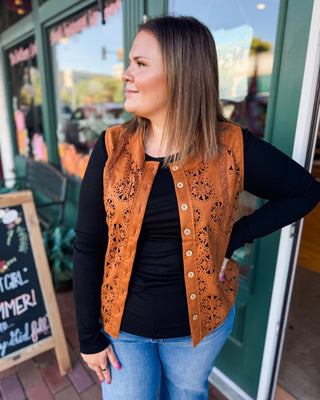 The Suede Intentions Laser Cut Button Up Vest - The Southern Loft