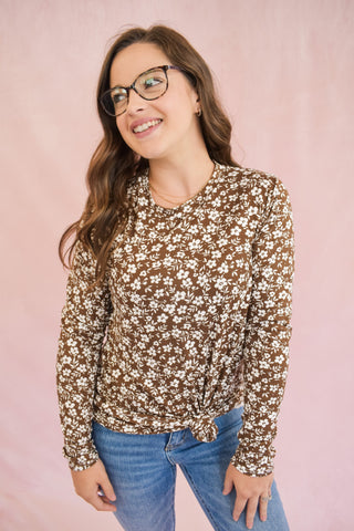 Long sleeve brown super soft top with floral design in white