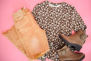 Long sleeve brown super soft top with floral design in white