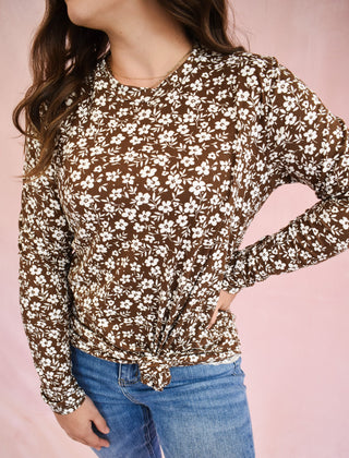 Long sleeve brown super soft top with floral design in white