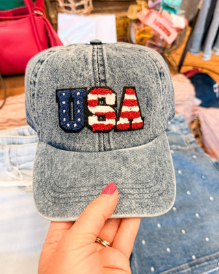 USA Chenille Patch Denim Baseball Hat - The Southern Loft