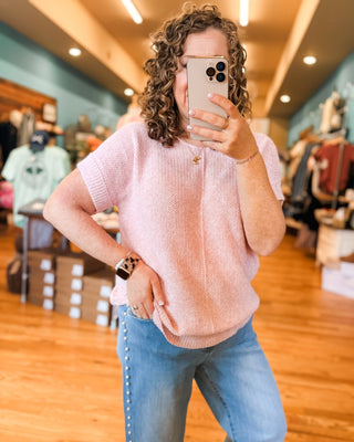 a short sleeve knit sweater by zenana in the color light pink