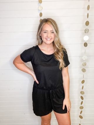 Basic casual short set romper with midsection drawstring in black