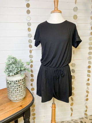 Basic casual short set romper with midsection drawstring in black