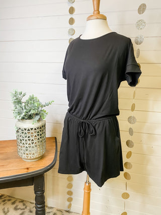 Basic casual short set romper with midsection drawstring in black