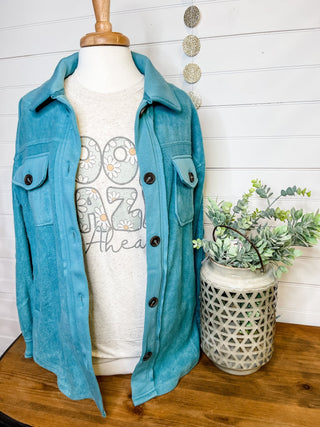 A teal fleece button down shacket