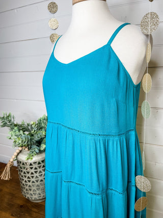 a linen style tiered mini dress in teal