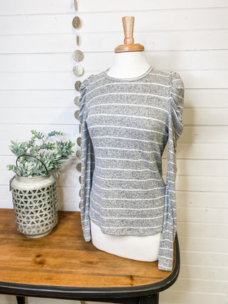 long sleeve gray puff shoulder striped top
