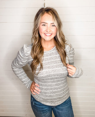 long sleeve gray puff shoulder striped top